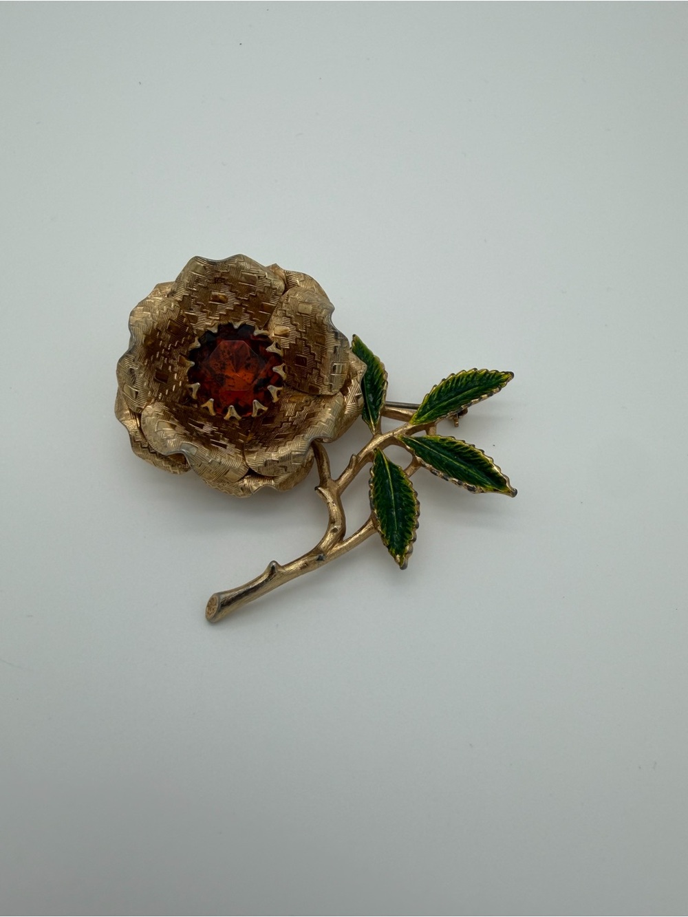 Vintage Sarah Coventry Floral Brooch with Amber Stone and Green Enamel Leaves